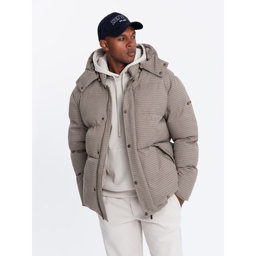 Mocno ocieplana męska kurtka typu puffer w pepitkę – brązowa V1 OM-JAHP-0174 ze sklepu ombre w kategorii Kurtki męskie - zdjęcie 176080476