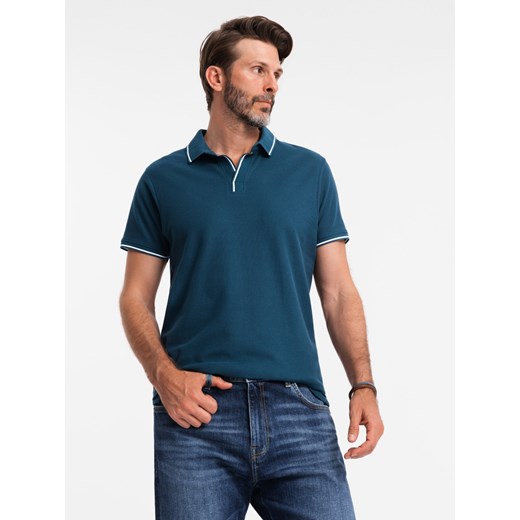 Koszulka męska polo z dzianiny pique bez guzików - granatowa V3 OM-POSS-0110 ze sklepu ombre w kategorii T-shirty męskie - zdjęcie 176080579