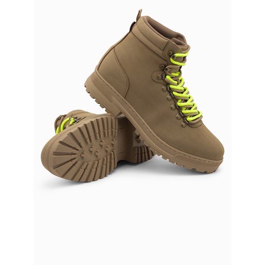 Zimowe buty męskie trekkingowe z kontrastowymi sznurówkami - brązowe V2 OM-FOBO-0132 ze sklepu ombre w kategorii Buty zimowe męskie - zdjęcie 176081055