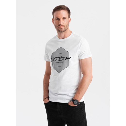 T-shirt męski bawełniany z nadrukiem geometrycznym i logotypem - biały V1 M promocja ombre