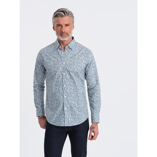 Koszula męska SLIM FIT w print drobnych liści - jasnoniebieska V1 OM-SHPS-0163 ze sklepu ombre w kategorii Koszule męskie - zdjęcie 176081115