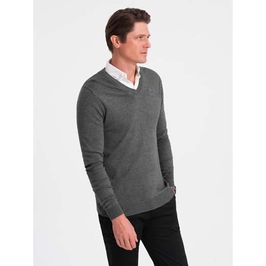 Sweter męski z dekoltem "w serek" z koszulowym kołnierzykiem - grafitowy V3 OM-SWSW-0102 ze sklepu ombre w kategorii Swetry męskie - zdjęcie 176228447