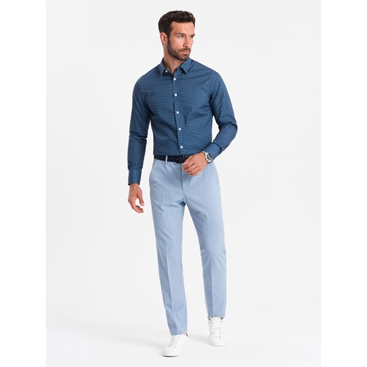 Bawełniana koszula męska we wzory SLIM FIT - niebieska V4 OM-SHCS-0151 ze sklepu ombre w kategorii Koszule męskie - zdjęcie 176228479