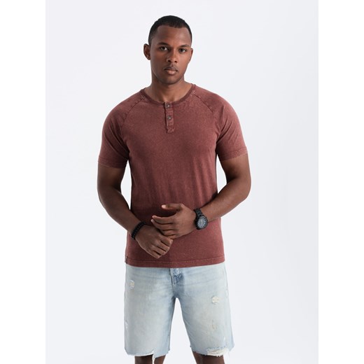 T-shirt męski z dekoltem henley - bordowy V3 S1757 L okazja ombre