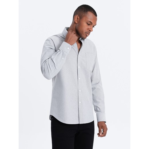 Bawełniana koszula męska Oxford z kieszonką REGULAR – szara V2 OM-SHOS-0108 M ombre