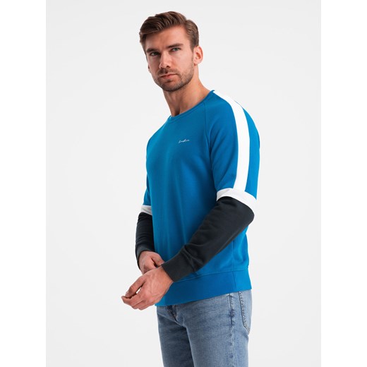 Trójkolorowa dresowa męska bluza z raglanowymi rękawami – niebieska V4 OM-SSNZ-22FW-003 ze sklepu ombre w kategorii Bluzy męskie - zdjęcie 176237776