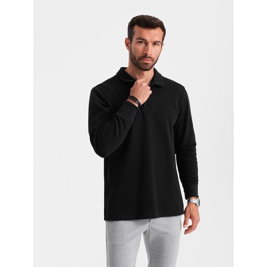 Bluza męska z kołnierzykiem polo ze strukturalnej dzianiny - czarna V8 OM-SSNZ-0149 ze sklepu ombre w kategorii Bluzy męskie - zdjęcie 176237799