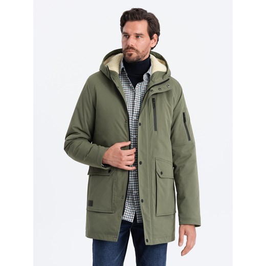 Kurtka męska parka ocieplana sherpa - oliwkowa V5 OM-JALJ-0131 L okazyjna cena ombre