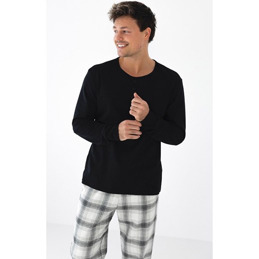 Piżama męska z długim rękawem i spodniami w kratę Charles, Kolor czarno-szaro-biały, Rozmiar M, SENSIS ze sklepu Intymna w kategorii Piżamy męskie - zdjęcie 176245648