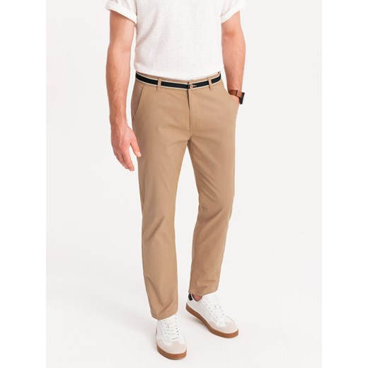 Męskie spodnie chino z ozdobną taśmą w pasie SLIM FIT – piaskowe V5 OM-PACP-0118 ze sklepu ombre w kategorii Spodnie męskie - zdjęcie 176245828