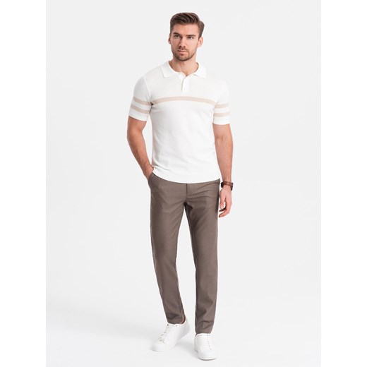 Spodnie męskie klasyczne chino SLIM FIT - ciemnobeżowe V2 OM-PACP-0182 ze sklepu ombre w kategorii Spodnie męskie - zdjęcie 176246329