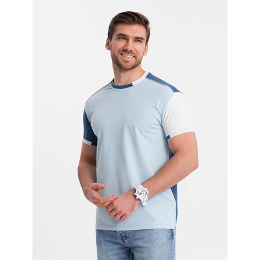 Męski t-shirt z elastanem z kolorowymi rękawami - niebieski V2 OM-TSCT-0176 ze sklepu ombre w kategorii T-shirty męskie - zdjęcie 176246555