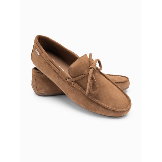 Mokasyny buty męskie skórzane z rzemykiem i podeszwą driver - brązowe V3 OM-FOCS-0150 ze sklepu ombre w kategorii Mokasyny męskie - zdjęcie 176248255