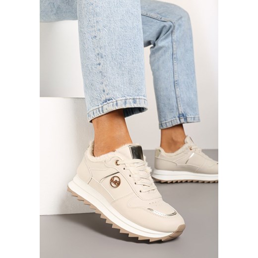 Beżowe Sneakersy na Płaskiej Podeszwie z Metalicznymi Wstawkami i Ociepleniem Adelanna ze sklepu born2be.pl w kategorii Buty sportowe damskie - zdjęcie 176258765