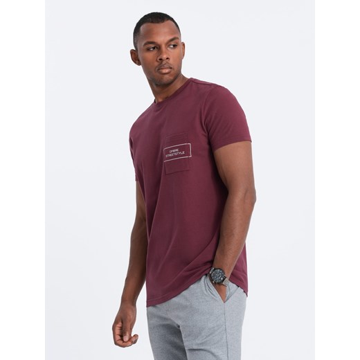 T-shirt męski bawełniany z nadrukiem na kieszonce - bordowy V3 S1742 ze sklepu ombre w kategorii T-shirty męskie - zdjęcie 176261586