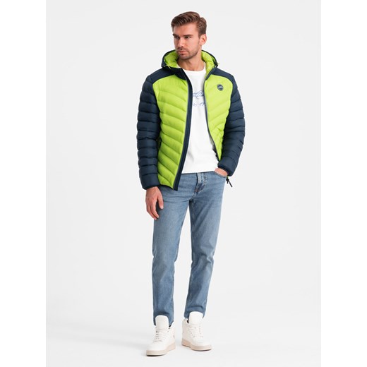 Nylonowa pikowana kurtka męska w stylu sportowym – limonkowa V4 OM-JALP-0185 M ombre