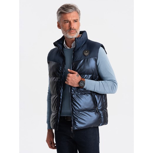 Bezrękawnik męski pikowany błyszczący - granatowy V2 OM-JAVJ-0113 L/XL okazyjna cena ombre