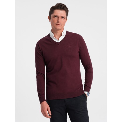 Sweter męski z dekoltem "w serek" z koszulowym kołnierzykiem - bordowy V8 OM-SWSW-0102 ze sklepu ombre w kategorii Swetry męskie - zdjęcie 176276128