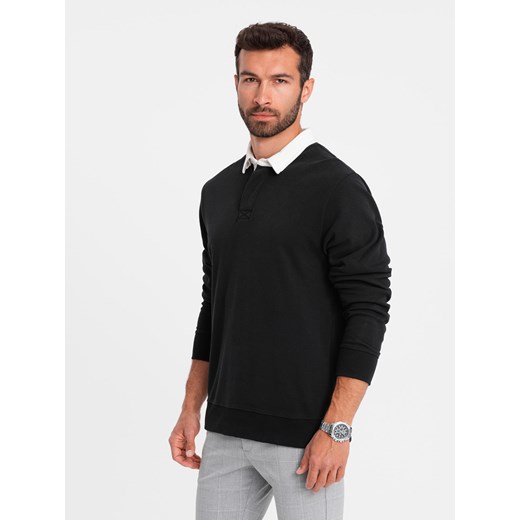 Bluza męska z białym kołnierzykiem polo - czarna V6 OM-SSNZ-0132 ze sklepu ombre w kategorii Bluzy męskie - zdjęcie 176276167