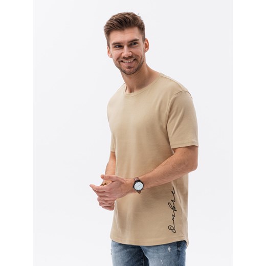 T-shirt męski bawełniany z nadrukiem - beżowy V2 S1387 S wyprzedaż ombre