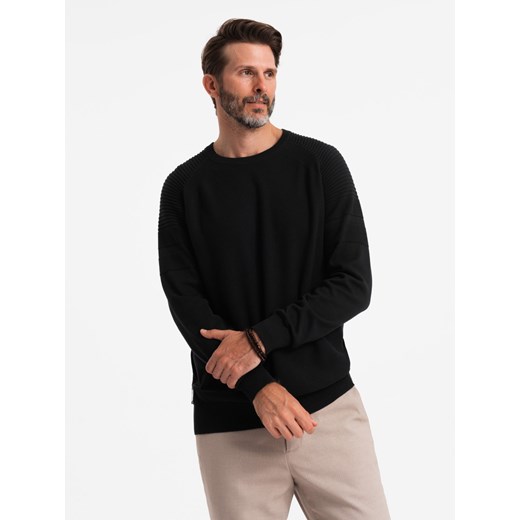 Męski sweter raglan z prążkowanymi rękawami – czarny V2 OM-SWSW-0144 ze sklepu ombre w kategorii Swetry męskie - zdjęcie 176276396
