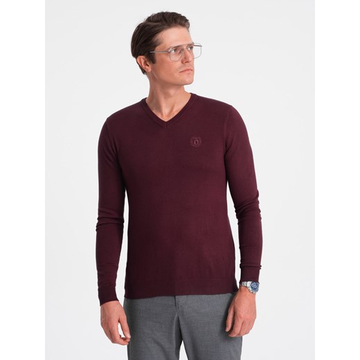 Sweter męski elegancki BASIC V-neck z wiskozą – bordowy V13 OM-SWBS-0107 ze sklepu ombre w kategorii Swetry męskie - zdjęcie 176276397