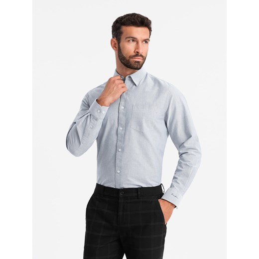 Elegancka koszula męska oxford z haftem i kieszonką – jasnoszara V2 OM-SHOS-0173 ze sklepu ombre w kategorii Koszule męskie - zdjęcie 176276529