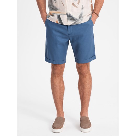 Męskie krótkie spodenki z dodatkiem lnu - niebieski denim V5 OM-SRCS-0131 XL wyprzedaż ombre