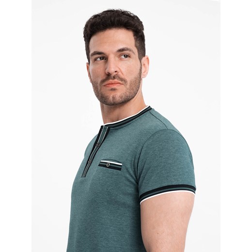 Męski t-shirt henley z ozdobnymi ściągaczami - ciemnozielony V2 OM-TSCT-0175 ze sklepu ombre w kategorii T-shirty męskie - zdjęcie 176281998