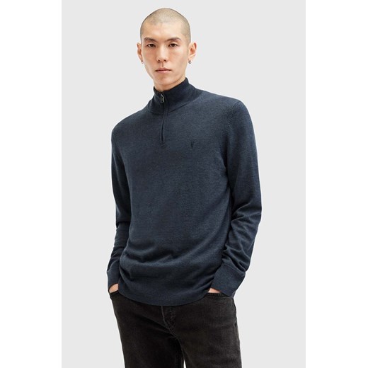 AllSaints sweter z wełną KILBURN ZIP FUNNEL kolor granatowy  M082KB ze sklepu ANSWEAR.com w kategorii Swetry męskie - zdjęcie 176283298