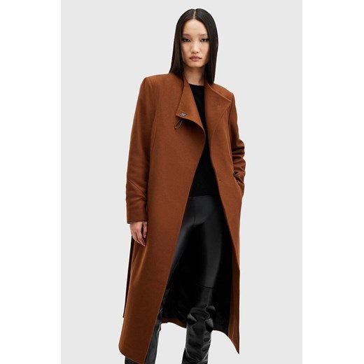 AllSaints płaszcz wełniany RILEY kolor brązowy przejściowy W009OZ ze sklepu ANSWEAR.com w kategorii Płaszcze damskie - zdjęcie 176283436