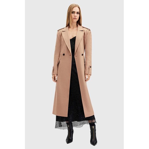 AllSaints płaszcz wełniany AUGUSTA kolor beżowy przejściowy dwurzędowy W058OA ze sklepu ANSWEAR.com w kategorii Płaszcze damskie - zdjęcie 176283549