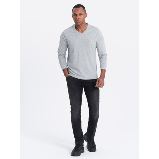 Męski longsleeve bez nadruku z dekoltem w serek - szary melanż V7 OM-LSBL-0108 ze sklepu ombre w kategorii T-shirty męskie - zdjęcie 176291538