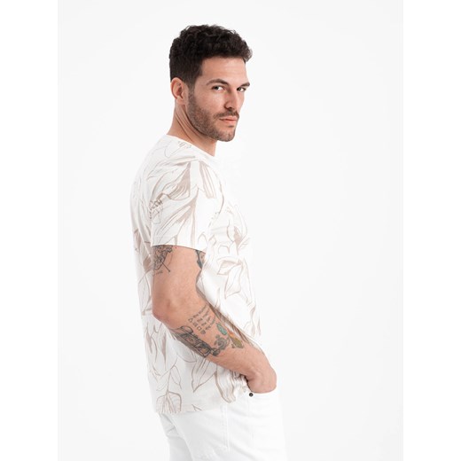T-shirt męski fullprint w kontrastowe liście - jasnobeżowy V1 OM-TSFP-0180 ze sklepu ombre w kategorii T-shirty męskie - zdjęcie 176298125
