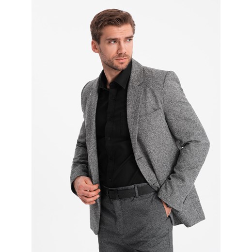 Męska marynarka casual z ozdobnym pinem na klapie - szary melanż V1 OM-BLZB-0120 XL ombre