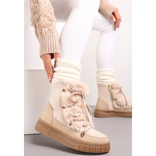 Beżowe Mocno Ocieplone Śniegowce z Futerkiem Wzdłuż Wiązania  Avivina Renee 37 renee.pl