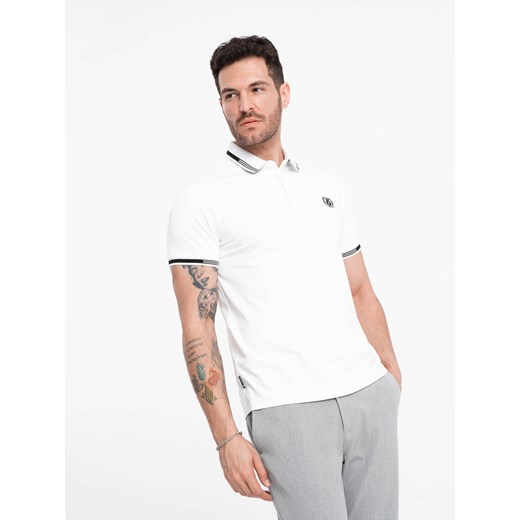 Męska koszulka polo z elastanem z kontrastowymi elementami - biała V1 OM-POSS-0123 ze sklepu ombre w kategorii T-shirty męskie - zdjęcie 176299495