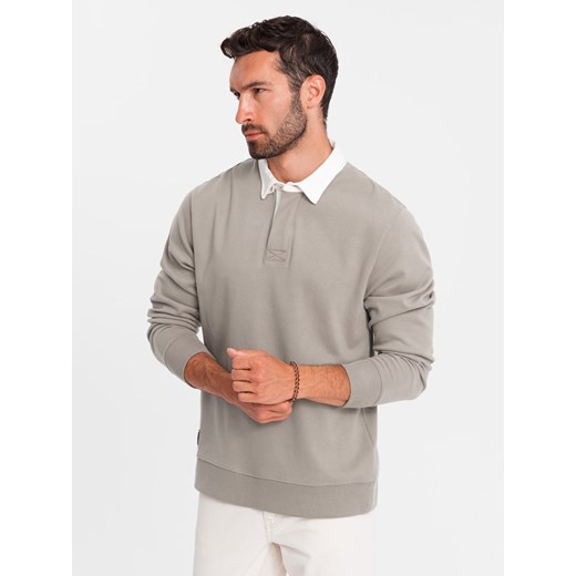 Bluza męska z białym kołnierzykiem polo - ciemnobeżowa V2 OM-SSNZ-0132 ze sklepu ombre w kategorii Bluzy męskie - zdjęcie 176299497