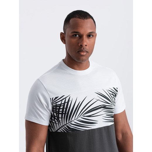 T-shirt meski dwukolorowy z nadrukiem w liście palmy - grafitowy V2 OM-TSPT-0177 ze sklepu ombre w kategorii T-shirty męskie - zdjęcie 176299539