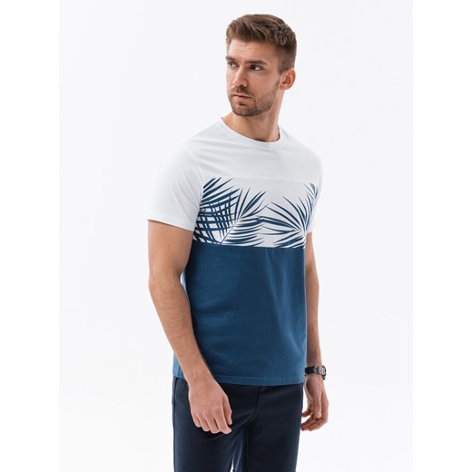 T-shirt meski dwukolorowy z nadrukiem w liście palmy - ciemnoniebieski V1 OM-TSPT-0177 ze sklepu ombre w kategorii T-shirty męskie - zdjęcie 176299729