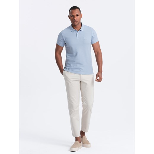 Jednokolorowa koszulka polo męska BASIC z dzianiny pique - niebieski denim V17 L ombre