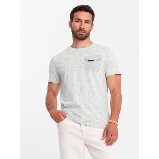 Bawełniany męski t-shirt z literowym printem i kieszonką – żółto-zielony V4 OM-TSFP-0188 ze sklepu ombre w kategorii T-shirty męskie - zdjęcie 176299917