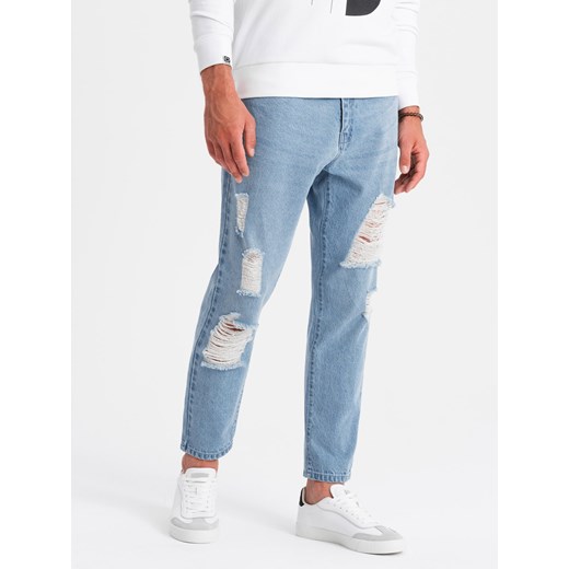 Męskie spodnie jeansowe TAPERED FIT z dziurami – jasnoniebieskie V1 OM-PADP-0175 ze sklepu ombre w kategorii Jeansy męskie - zdjęcie 176301177