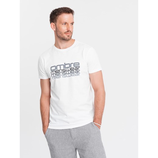 T-shirt męski bawełniany z nadrukiem - biały V1 OM-TSPT-0160 M ombre wyprzedaż