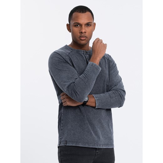 Longsleeve męski washowany henley z raglanowymi rękawami - ciemnogranatowy V2 OM-LSWL-22FW-001 ze sklepu ombre w kategorii T-shirty męskie - zdjęcie 176304369