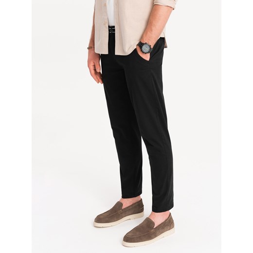Spodnie męskie chino z ozdobną taśmą w pasie SLIM FIT – czarne V1 OM-PACP-0118 ze sklepu ombre w kategorii Spodnie męskie - zdjęcie 176306776