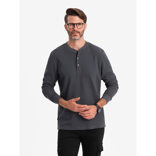 Męski longsleeve zapinany pod szyją z dzianiny waflowej – grafitowy V3 OM-LSCL-0120 ze sklepu ombre w kategorii T-shirty męskie - zdjęcie 176306795