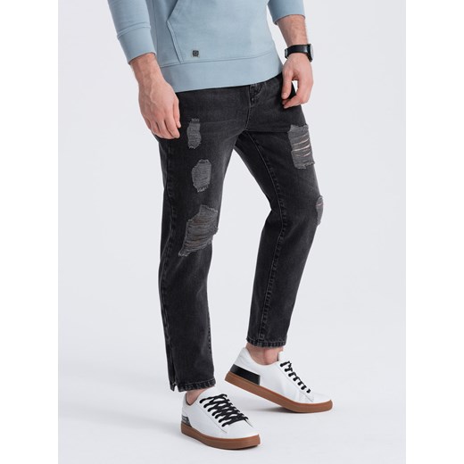 Męskie spodnie jeansowe taper fit z dziurami - czarne V2 P1028 ze sklepu ombre w kategorii Jeansy męskie - zdjęcie 176306897