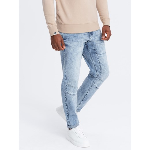 Jeansowe spodnie męskie TAPERED FIT z przeszyciami i podwiniętymi nogawkami – błękitne V1 OM-PADP-0161 ze sklepu ombre w kategorii Jeansy męskie - zdjęcie 176307406