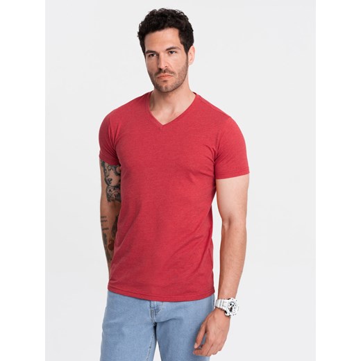 Klasyczna męska bawełniana koszulka z dekoltem w serek BASIC – czerwony melanż V17 OM-TSBS-0145 ze sklepu ombre w kategorii T-shirty męskie - zdjęcie 176307827